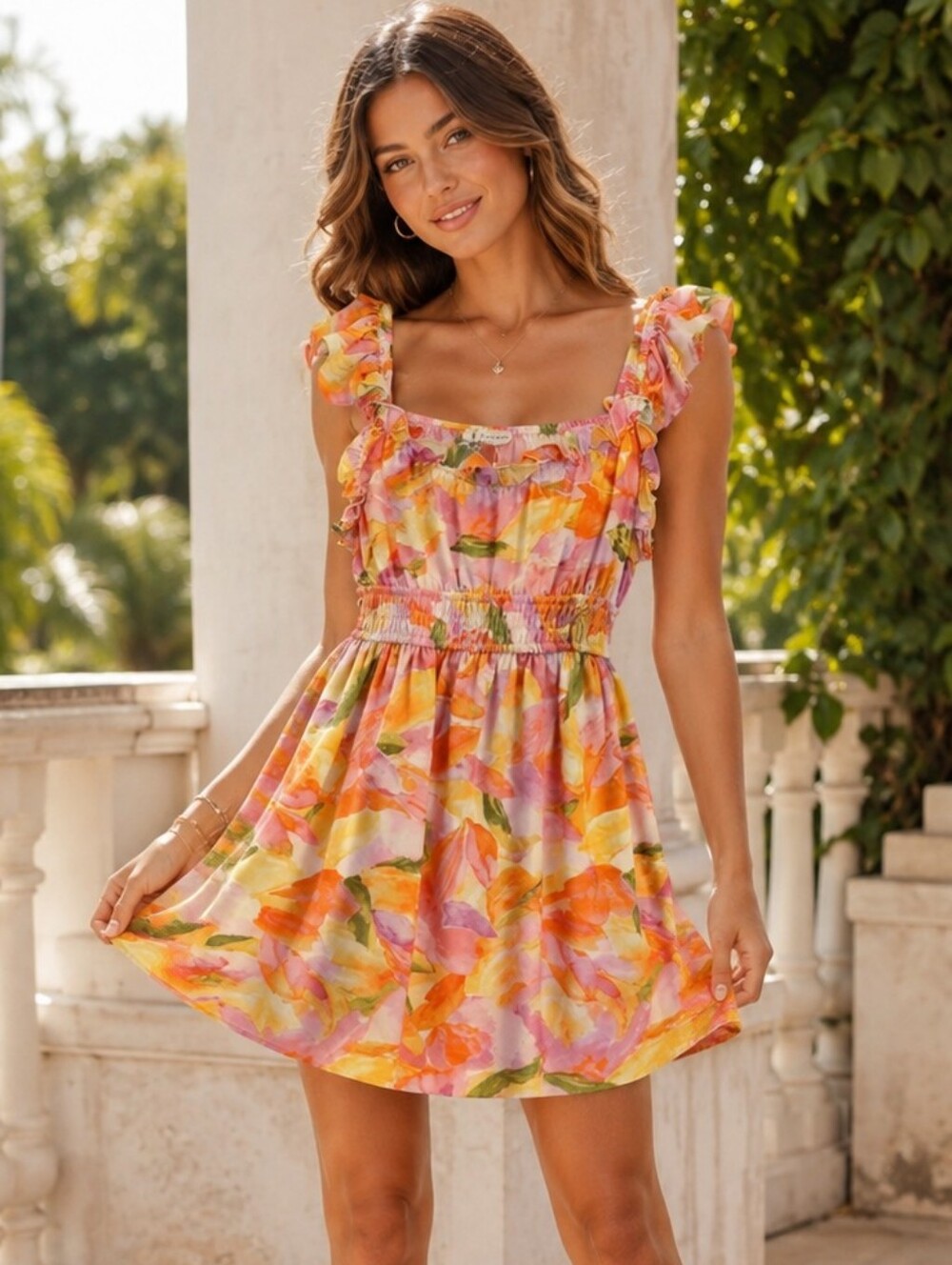 💙 Blu Pepper - NWOT Pink & Yellow Floral Ruffle Sundress